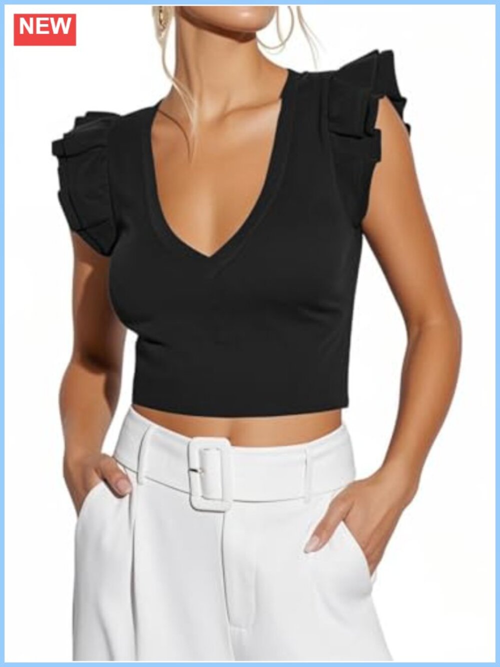 Ezbelle Ribbed Knit V Neck Ruffle Sleeveless Crop Tank Top Women's